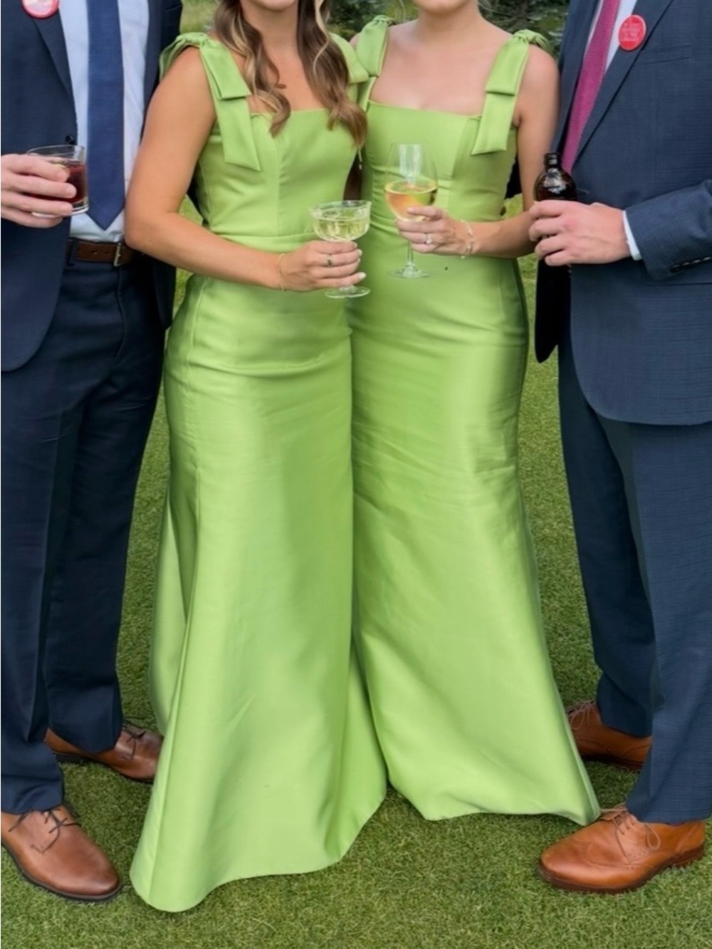 ALFRED SUNG Satin Fit and Flare Maxi Dress with Shoulder Bows in Color Mojito